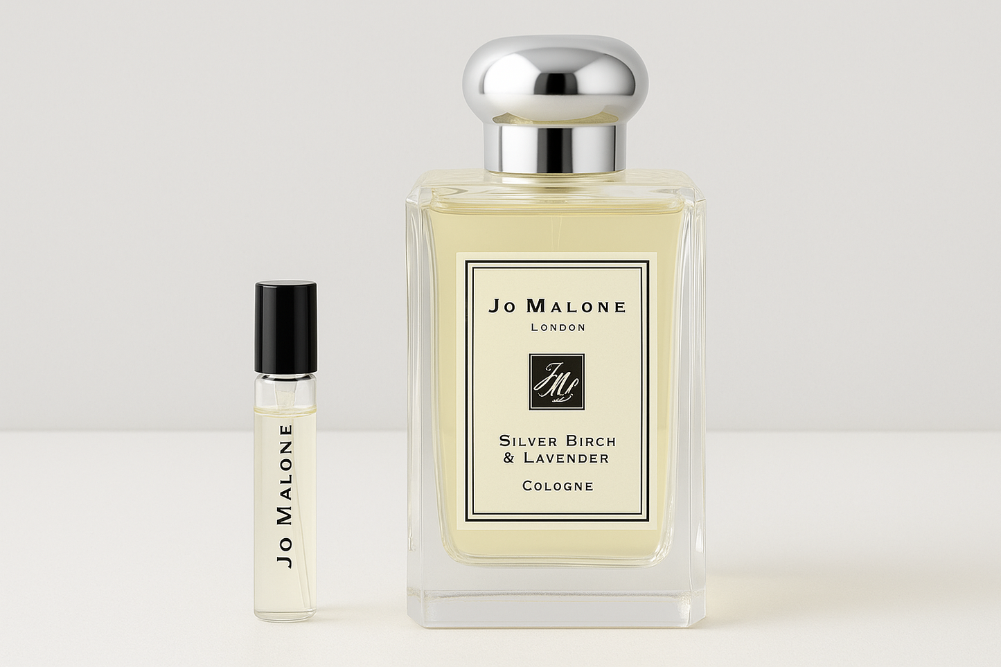 דוגמיות בושם Jo Malone Silver Birch & Lavender Cologne, דוגמית ריח של 6 מ"ל עומדת ליד בקבוק בושם 100 מ"ל בגודל מלא Jo Malone Silver Birch & Lavender Cologne
