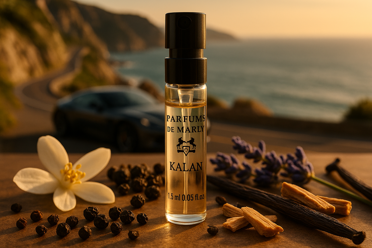 Parfums De Marly Kalan דגימת ריח רשמית 1.5ml 0.05 fl. o.z. בודק בושם, ברקע מכונית יוקרה על חוף הים, הדוגמא מוקפת בתווי ניחוח של ניחוח קאלן
