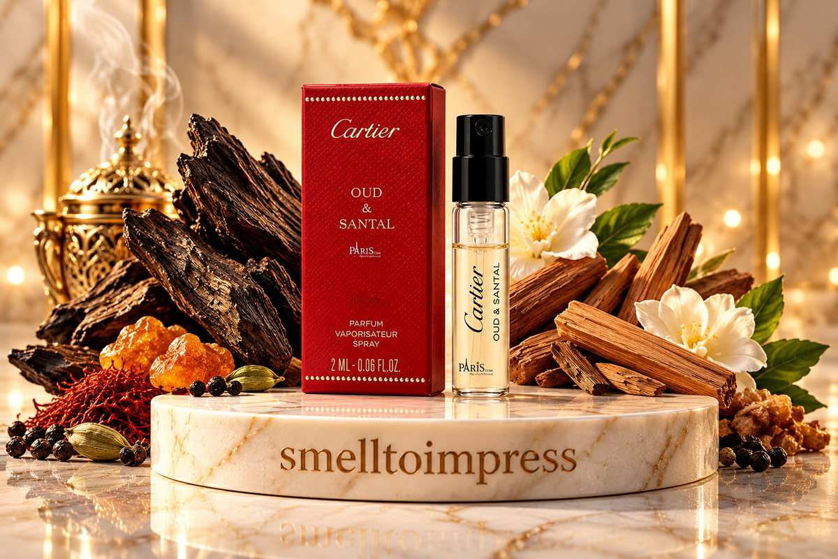 תמונה של דוגמית בושם רשמית Cartier Les Heures Voyageuses Oud and Santal בנפח 1.5 ml 0.05 fl. oz.