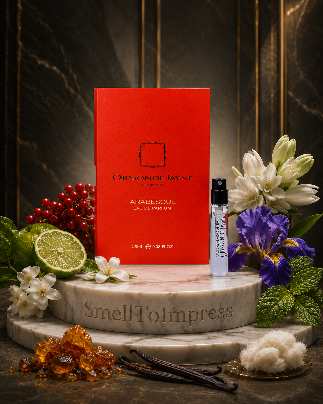 luxury pedestal with Ormonde Jayne Arabesque 2ml 0.06 fl. oz. official perfume sample on it