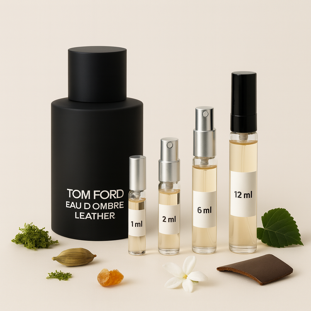בקבוק Tom Ford Eau d’Ombre Leather עם בקבוקוני דוגמה בנפחים 1 מ״ל, 2 מ״ל, 6 מ״ל ו-12 מ״ל על רקע בהיר, עם נגיעות הל, יסמין, ענבר, אזוב ועור