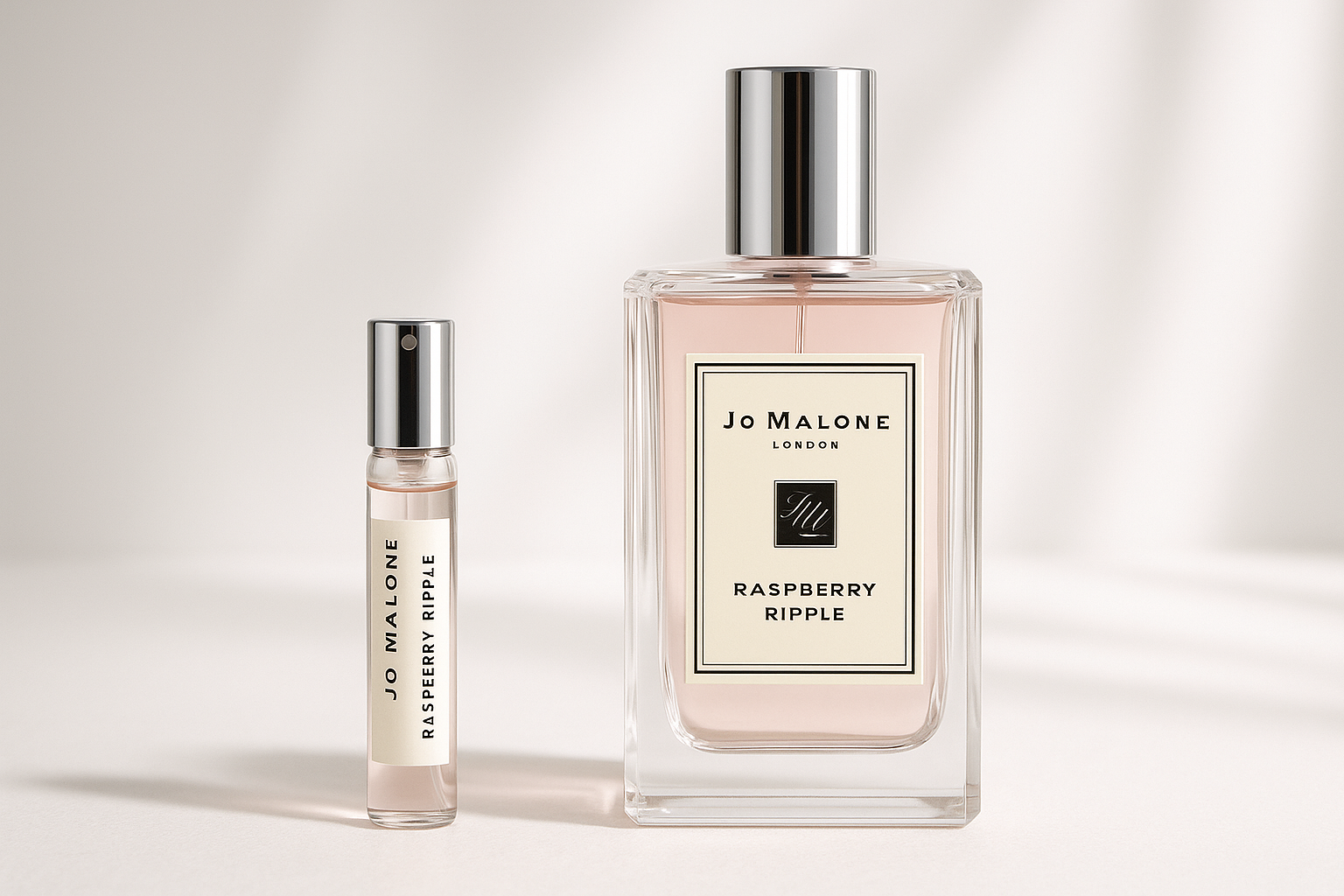 Jo Malone Raspberry Ripple דוגמית בושם 2 מ"ל עומדת ליד בקבוק בושם 100 מ"ל Jo Malone Raspberry Ripple