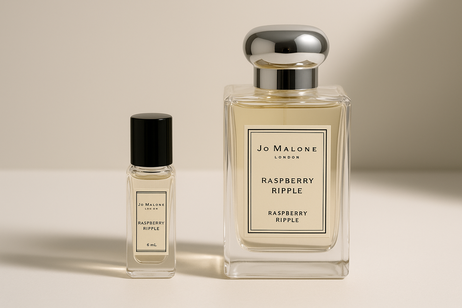 Jo Malone Raspberry Ripple דוגמת בושם 6 מ"ל עומדת ליד בקבוק 100 מ"ל של Jo Malone Raspberry Ripple
