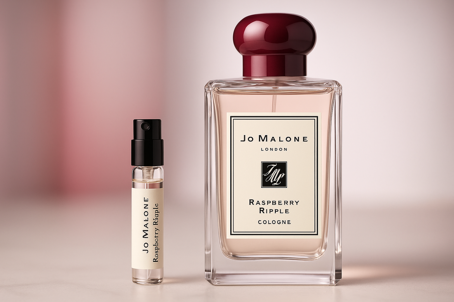 דוגמיות בושם Jo Malone Raspberry Ripple Cologne, דוגמית בושם 1 מ"ל עומדת ליד בקבוק בושם 100 מ"ל Jo Malone Raspberry Ripple Cologne