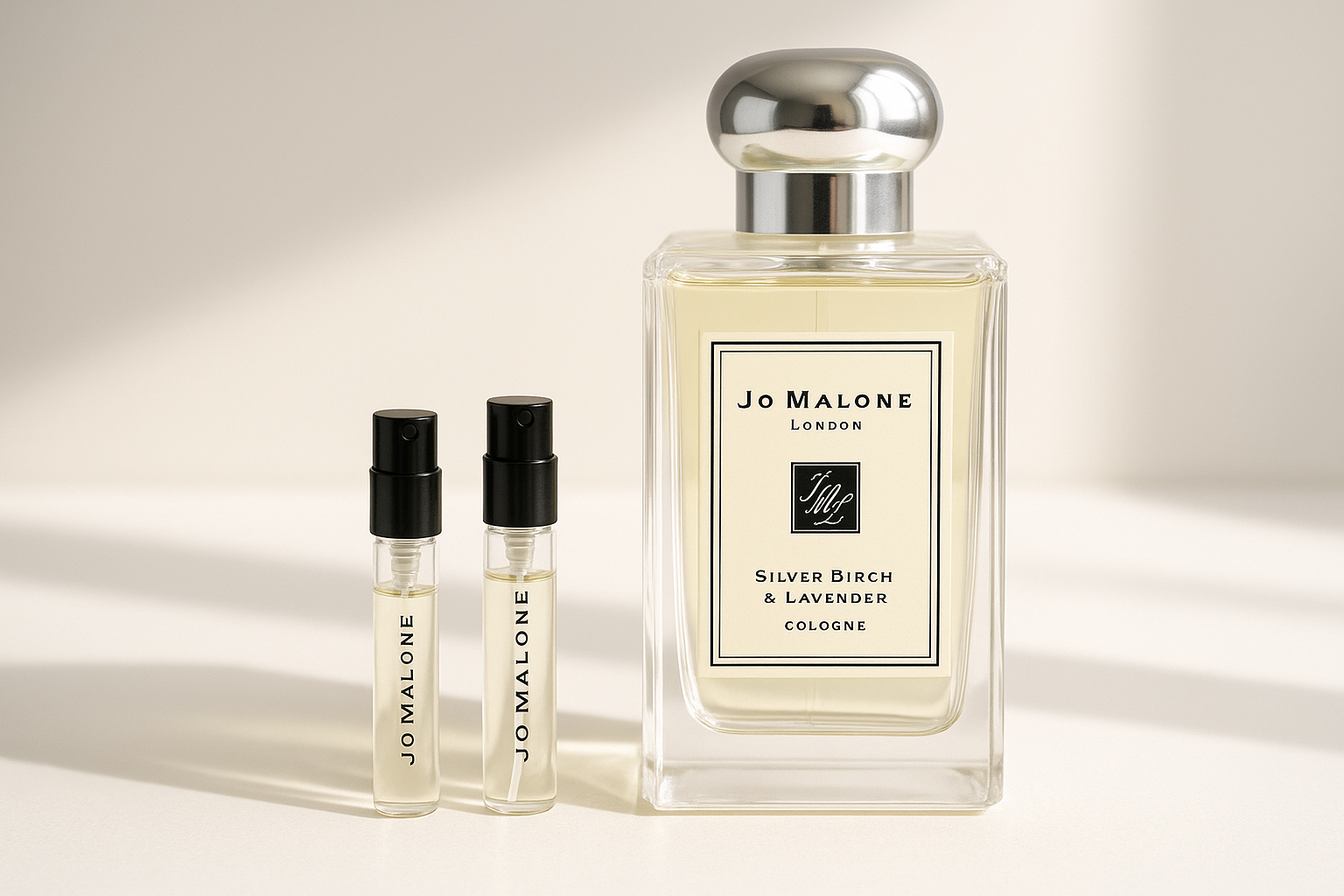 דוגמיות בושם Jo Malone Silver Birch & Lavender Cologne 1 מ"ל עומד לצד ניחוח Jo Malone Silver Birch 100 מ"ל