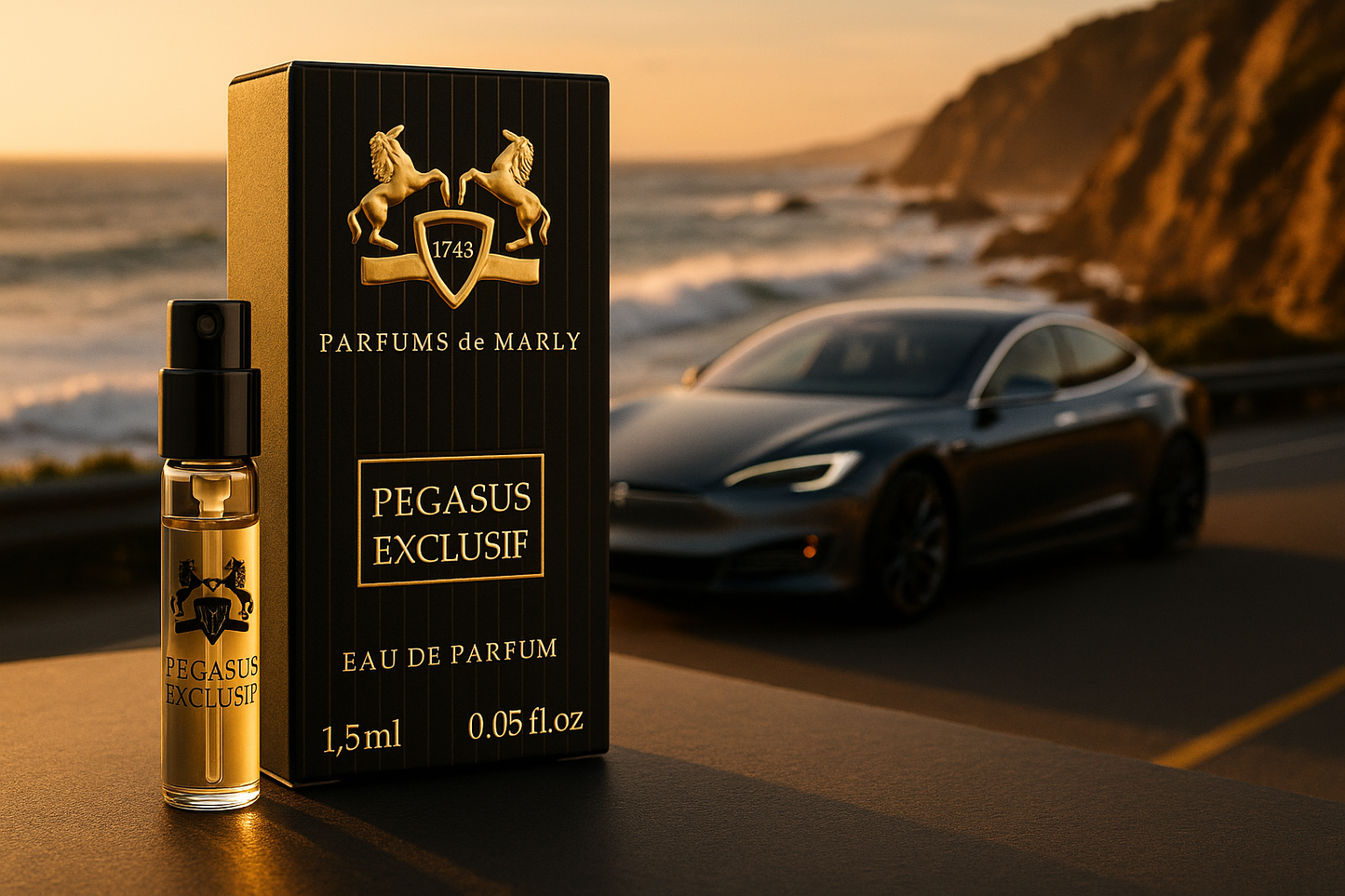 Parfums De Marly Pegasus Exclusif דגימת בושם רשמית 1.5ml 0.05 fl. o.z. בודק בושם, ברקע מכונית יוקרה אלקטית בחוף