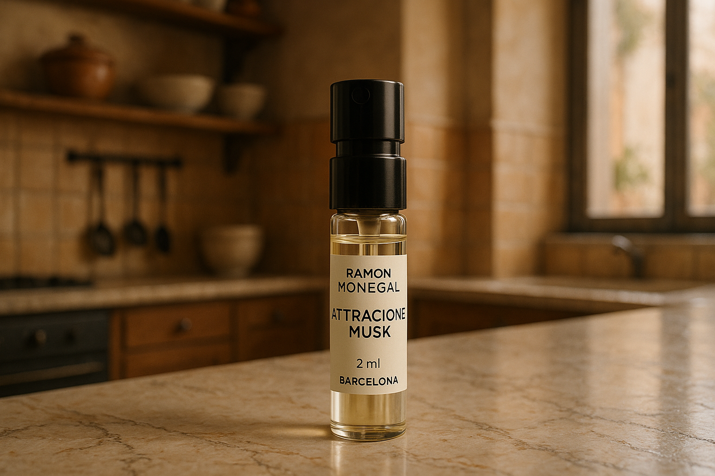 דגימת בושם רשמית של Ramon Monegal Atractone Musk 2ml 0.06 fl.o.z. בודק בושם, מטבח בסגנון איטלקי בעוד צל