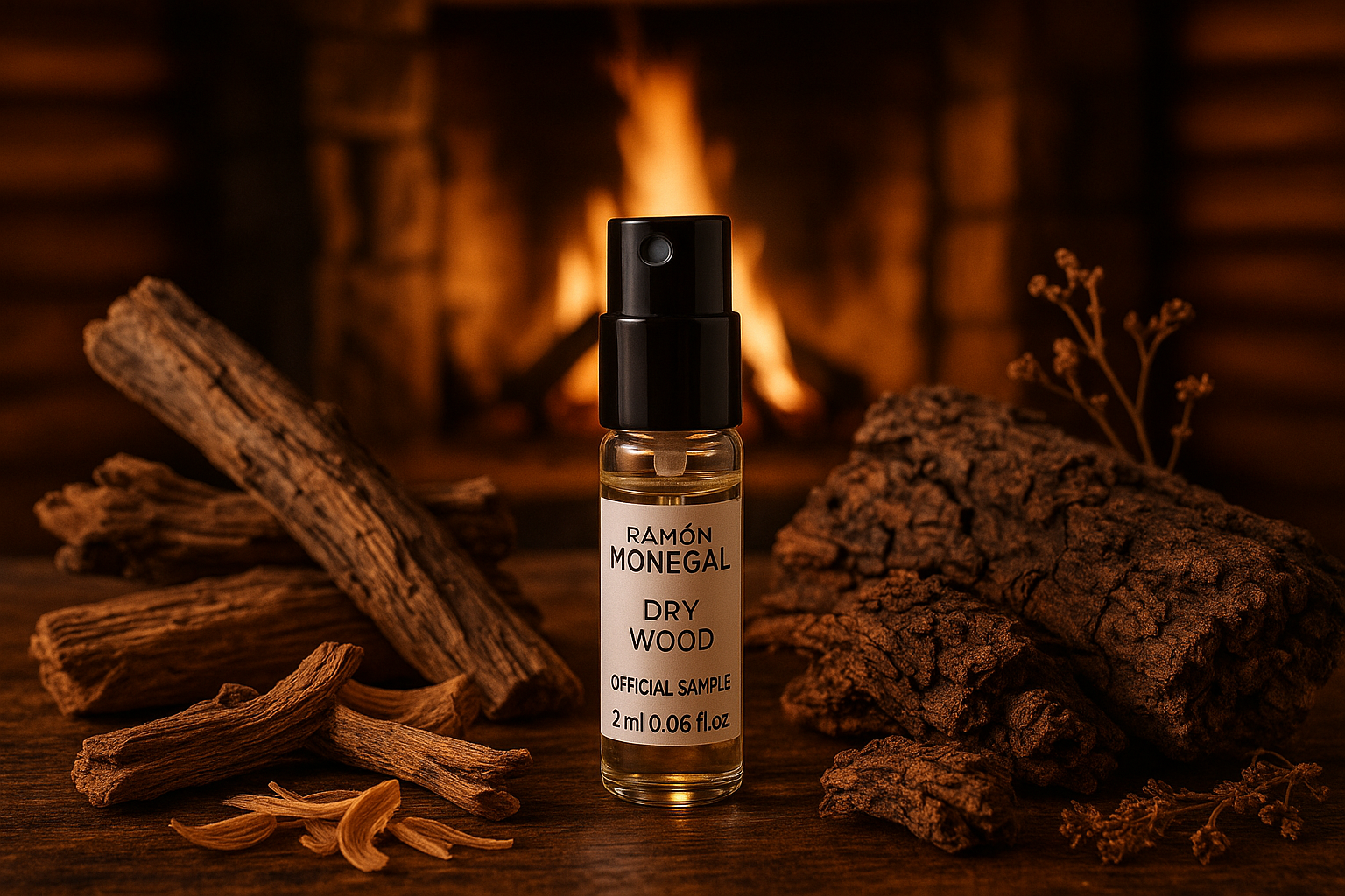 Ramon Monegal Dry Wood דגימת בושם רשמית 2ml 0.06 fl.o.z. בודק בושם, ברקע אש פתוחה בקוטג' ההר, דוגמה מוקפת תווי ניחוח Dry Wood