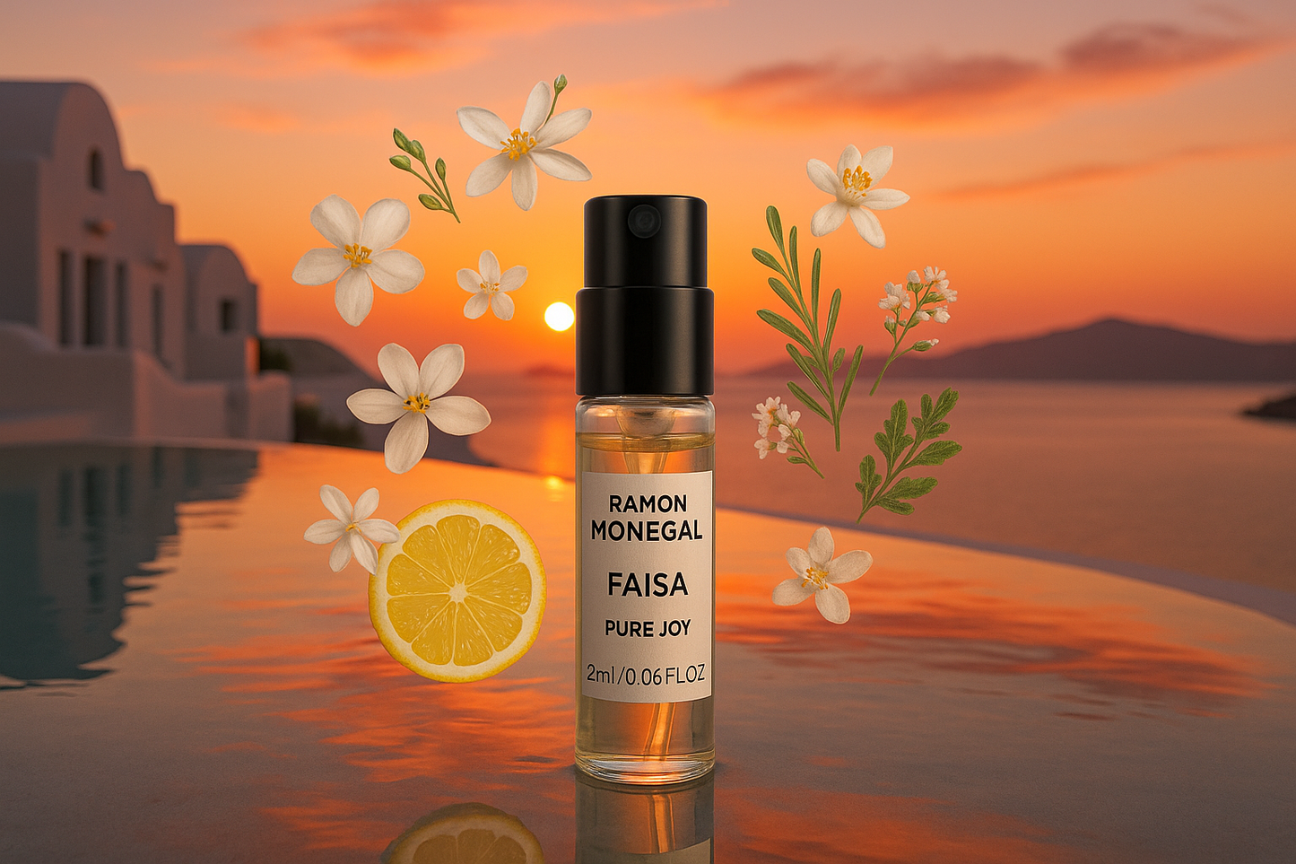 Ramon Monegal Faisa Pure Joy דגימת בושם רשמית 2ml 0.06 fl.o.z. בודק בושם, ברקע השקיעה בבריכת סנטוריני, מדגם מוקף בתווי ניחוח Faisa Pure Joy