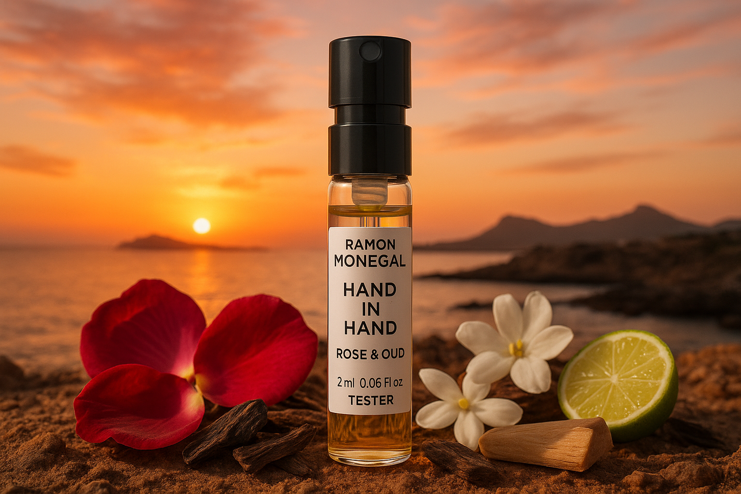 Ramon Monegal Hand in Hand Rose & Oud דוגמת בושם רשמית 2ml 0.06 fl.o.z. בושם בושם, ברקע השקיעה באיסלה פלאנה ספרד, הדוגמא מוקפת בתווי ניחוח Hand in Hand Rose & Oud
