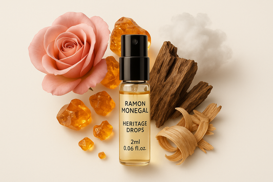דגימת בושם רשמית של Ramon Monegal Heritage Drops 2ml 0.06 fl.o.z. בקבוק דגימת בושם בושם מוקף בתווי ניחוח Heritage Drops