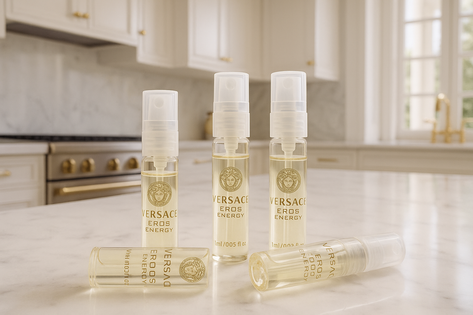 דוגמאות בושם Versace Eros Energy במטבח סופר יוקרתי בסגנון איטלקי לבן